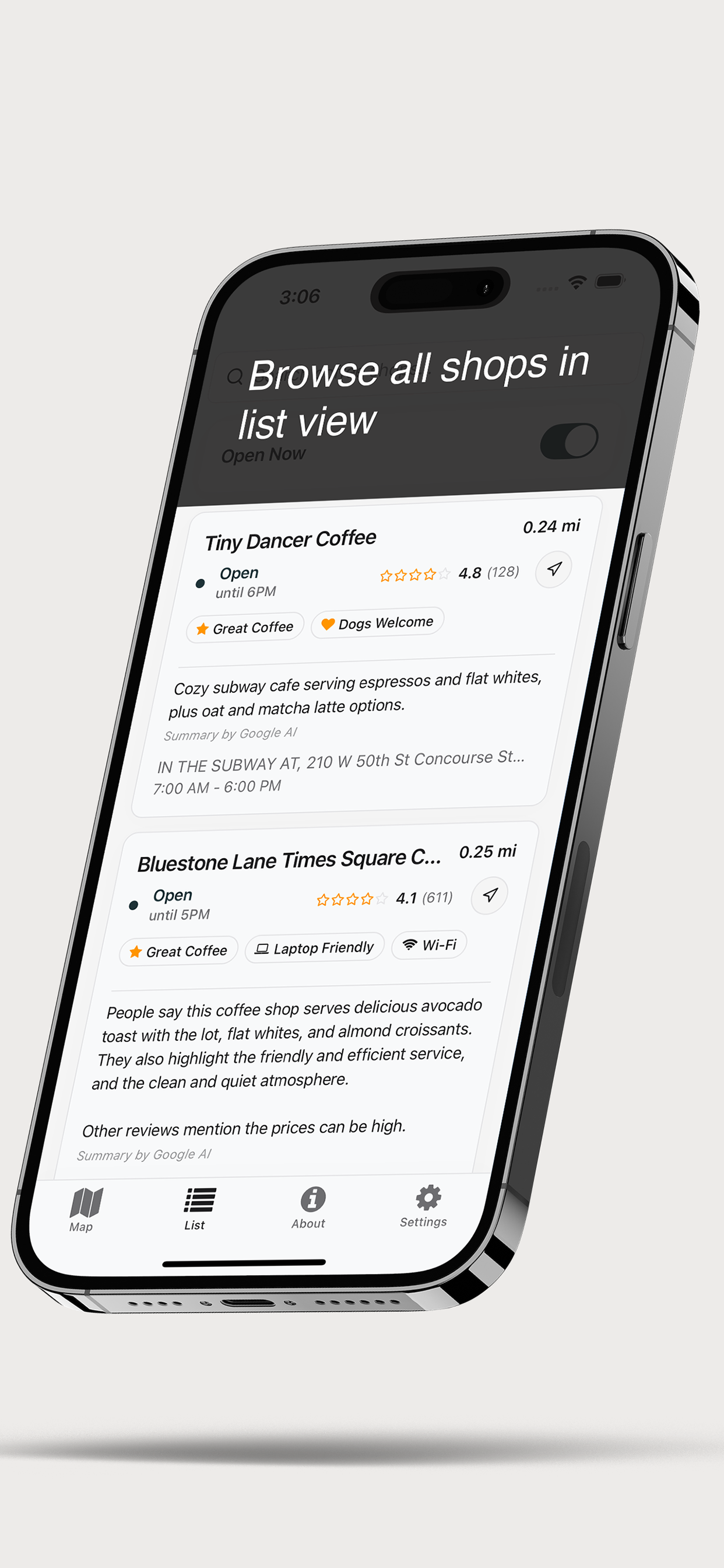 NYC Coffee user location and navigation features