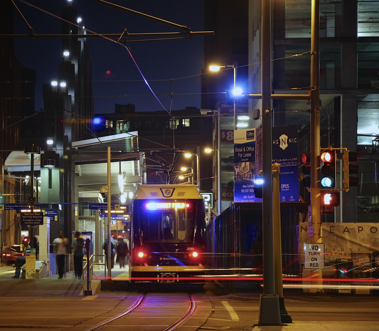 Nicollet light rail station and construction from The Nic on Fifth at Marquette Ave & Fifth Street downtown Minneapolis.
