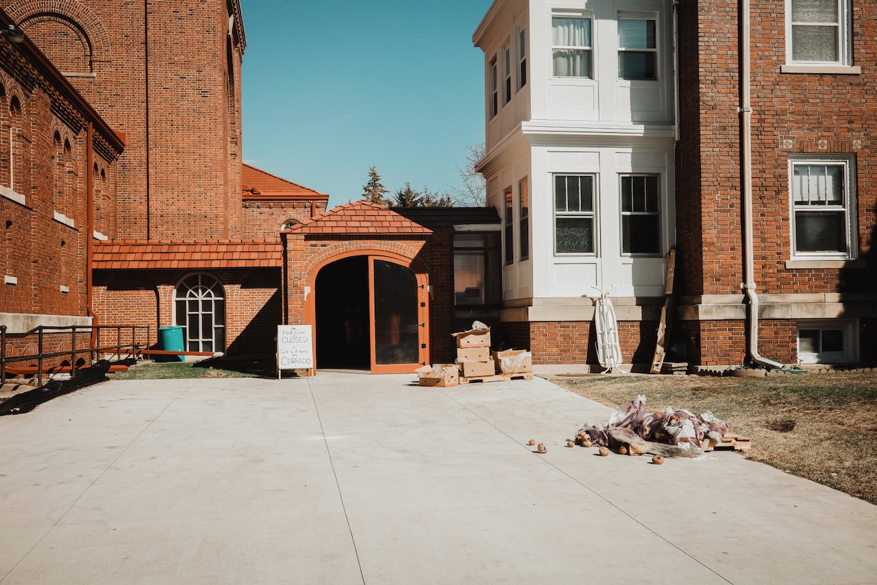 A sack of potatoes outside the church in Minneapolis